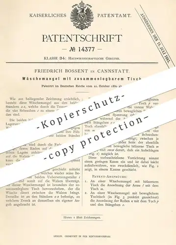 original Patent - Friedrich Bossent , Cannstatt , 1880 , Wäschemangel mit Tisch | Wäsche - Mangel | Wäscherei , Walzen