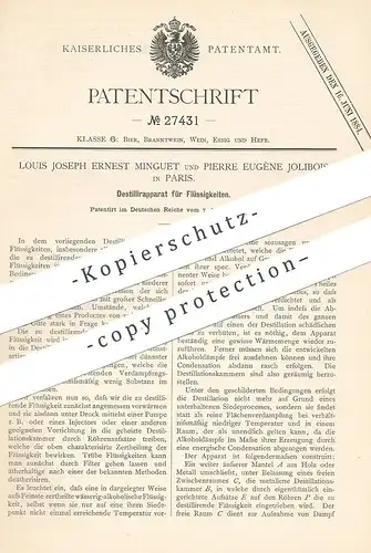 original Patent - Louis Joseph Ernest Minguet , Pierre Eugène Jolibois , Paris , 1883 , Destillieren von Flüssigkeiten !