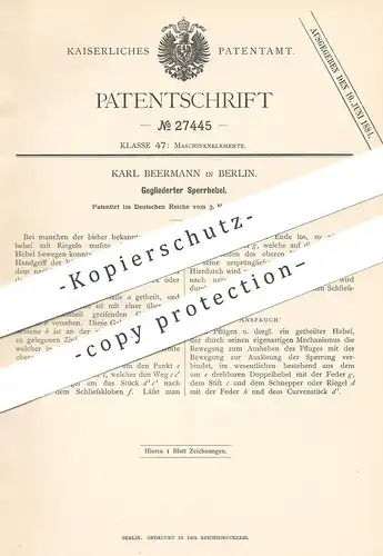 original Patent - Karl Beermann , Berlin , 1883 , Gegliedeter Sperrhebel | Hebel f. Maschinen , Arbeitsmaschinen | Motor