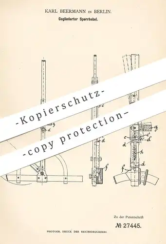 original Patent - Karl Beermann , Berlin , 1883 , Gegliedeter Sperrhebel | Hebel f. Maschinen , Arbeitsmaschinen | Motor