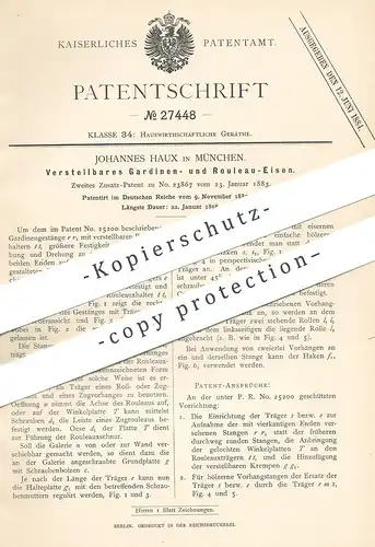 original Patent - Johannes Haux , München , 1883 , Gardinen- u. Rouleau - Eisen | Gardine , Rollo , Jalousie , Vorhang !
