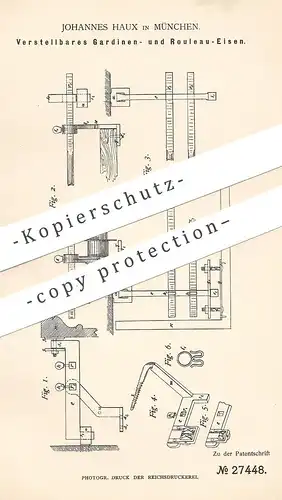 original Patent - Johannes Haux , München , 1883 , Gardinen- u. Rouleau - Eisen | Gardine , Rollo , Jalousie , Vorhang !