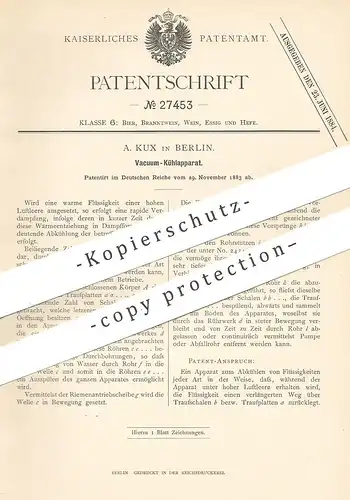 original Patent - A. Kux , Berlin , 1883 , Vakuum - Kühlapparat | Kühlung , Kühler , Kühlschrank , Kühltruhe , Kälte !!