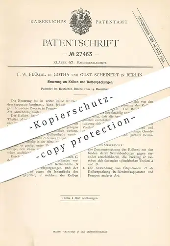 original Patent - F. W. Flügel , Gotha | Gust. Scheinert , Berlin , 1883 , Kolben und Kolbenpackungen | Pumpe , Bier !!