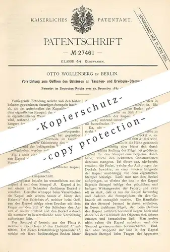 original Patent - Otto Wollenberg , Berlin , 1883 , Gehäuse an Taschenstempel , Breloque - Stempel | Stempelplatte !!
