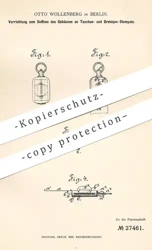 original Patent - Otto Wollenberg , Berlin , 1883 , Gehäuse an Taschenstempel , Breloque - Stempel | Stempelplatte !!