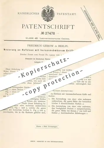 original Patent - Friedrich Gierow , Berlin , 1883 , Hufeisen mit herausnehmbarem Griff u, Stollen | Huf - Eisen , Pferd