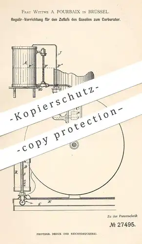 original Patent - Frau A. Pourbaix , Brüssel , 1883 , Zufluss von Gasolin zum Carburator | Gas , Gase , Karburator !!