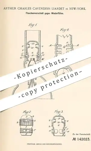 original Patent - Arthur Charles Cavendish Liardet , New York , 1900 , Flaschenverschluss | Flaschen - Verschluss | Kork