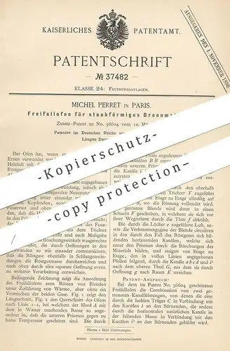 original Patent - Michel Perret , Paris , Frankreich , 1886 , Freifallofen für staubförmiges Brennmaterial | Ofen , Öfen