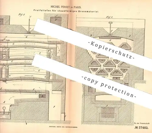 original Patent - Michel Perret , Paris , Frankreich , 1886 , Freifallofen für staubförmiges Brennmaterial | Ofen , Öfen
