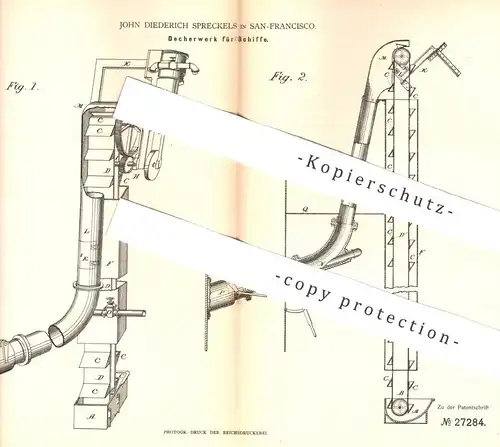 original Patent - John Diederich Spreckels , San Francisco , 1883 , Becherwerk für Schiffe | Schiff - Hebewerk !!