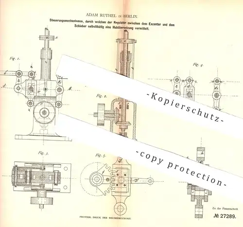 original Patent - Adam Ruthel , Berlin , 1883 , Dampfmaschinen - Steuerung | Regulator | Dampfmaschine | Regeler