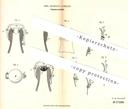 original Patent - Emil Brabant , Berlin , 1883 , Flaschenverschluss | Flaschen - Verschluss | Korken , Kork !!