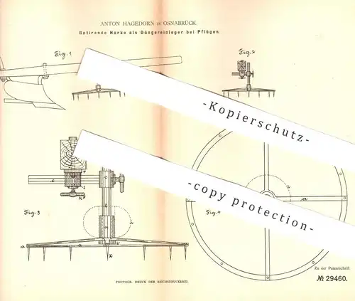 original Patent - Anton Hagedorn , Osnabrück , 1884 , Rotierende Harke als Düngereinleger am Pflug | Dünger | Pflügen !!