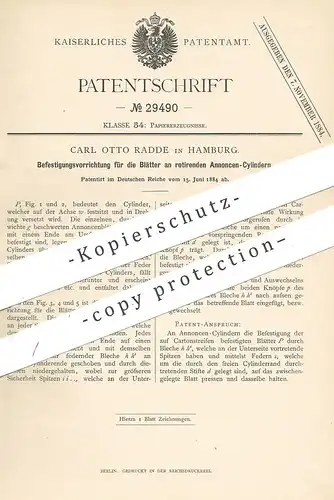 original Patent - Carl Otto Radde , Hamburg , 1884 , Blätter an rotierenden Annoncen - Zylindern | Papier | Presse !!!