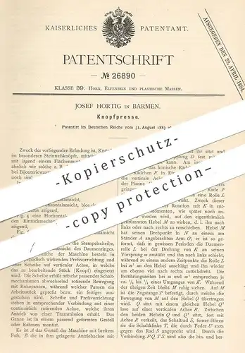 original Patent - Josef Hortig , Barmen , 1883 , Knopfpresse | Knopf - Presse | Knöpfe , Schneider | Horn , Hornknopf !!