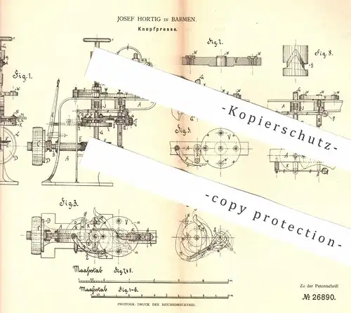 original Patent - Josef Hortig , Barmen , 1883 , Knopfpresse | Knopf - Presse | Knöpfe , Schneider | Horn , Hornknopf !!