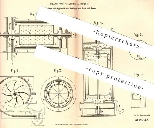 original Patent - Franz Windhausen , Berlin , 1883 , Reinigung von Luft und Gasen | Gas , Gase | Lüftung , Gebläse !!