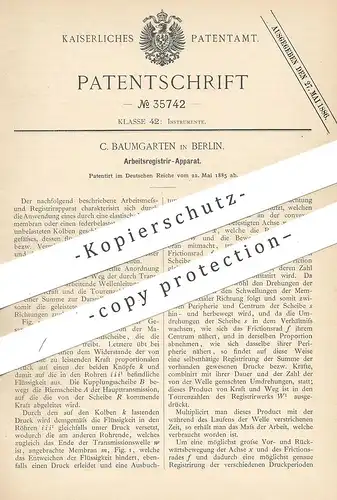 original Patent - C. Baumgarten , Berlin , 1885 , Arbeitsregistrier-Apparat | Registrierwerk , Zählwerk , Zähler !!!