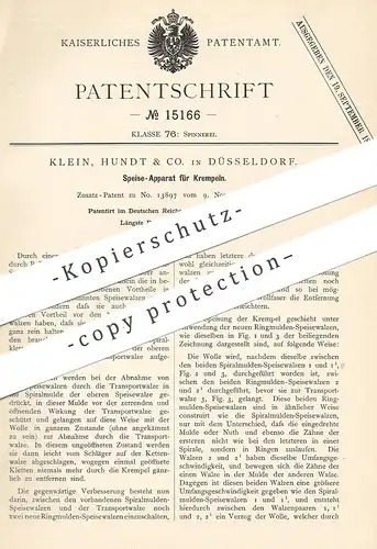 original Patent - Klein , Hundt & Co. , Düsseldorf , 1881 , Speise-Apparat für Krempeln | Speisewalze , Walze , Walzen