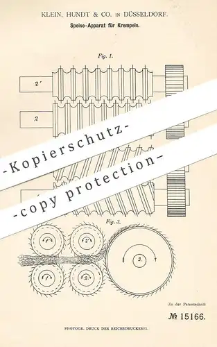 original Patent - Klein , Hundt & Co. , Düsseldorf , 1881 , Speise-Apparat für Krempeln | Speisewalze , Walze , Walzen