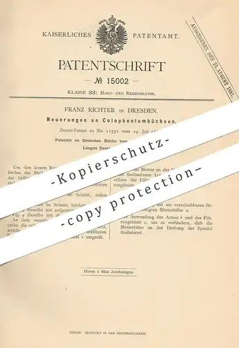 original Patent - Franz Richter , Dresden , 1881 , Colophoniumbüchse | Kolophonium zum Löten | Colophonium Büchse | Dose