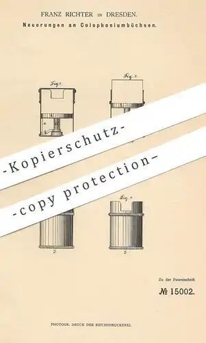 original Patent - Franz Richter , Dresden , 1881 , Colophoniumbüchse | Kolophonium zum Löten | Colophonium Büchse | Dose