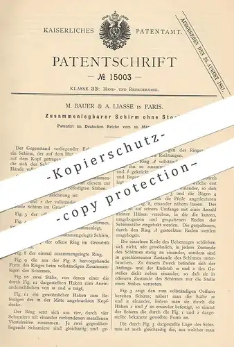 original Patent - M. Bauer & A. Liasse , Paris , Frankreich , 1881 , Schirm ohne Stock | Regenschirm , Sonnenschirm !!!