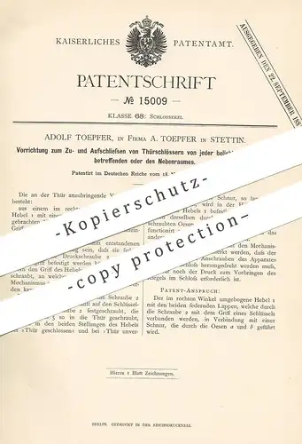 original Patent - Adolf Toepfer , Stettin , 1880 , Schließen der Türschlösser | Türschloss , Tür - Schloss , Schlosser