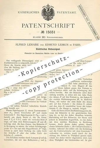 original Patent - Alfred Lemaire , Edmund Lebrun , Paris Frankreich 1880 , Elektrisches Distanzsignal | Eisenbahn Signal
