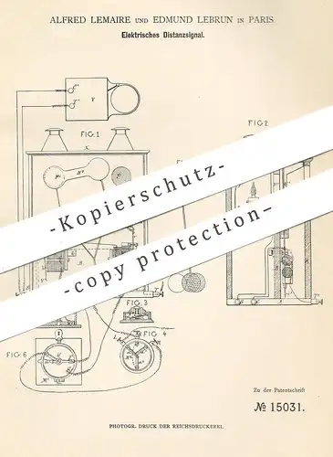 original Patent - Alfred Lemaire , Edmund Lebrun , Paris Frankreich 1880 , Elektrisches Distanzsignal | Eisenbahn Signal