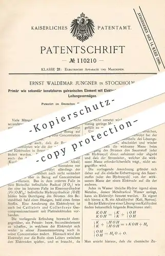 original Patent - Ernst Waldemar Jungner , Stockholm , primär & sekundär nutzbares galvanisches Element mit Elektrolyten