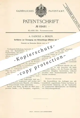 original Patent - A. Radicke , Berlin , 1892 , Erzeugung von Beleuchtungs-Effekten bei Karten , Bilder , Foto | Dia !!