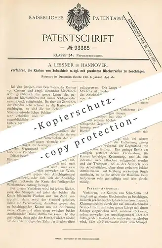 original Patent - A. Lessner , Hannover , 1897 , Blechbeschlag an Kanten von Schachteln | Karton , Blech , Schachtel !!