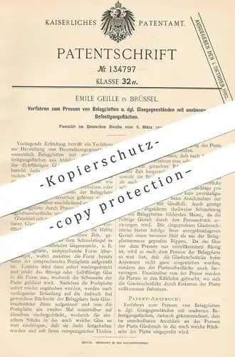 original Patent - Emile Geille , Brüssel , 1901 , Pressen von Belagplatten u. Gegenstände aus Glas | Gläser , Glasbläser
