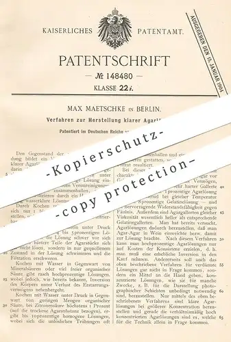 original Patent - Max Maetschke , Berlin , 1902 , Herstellung klarer Agarlösungen | Agar | Chemie | Säure !!