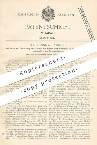 original Patent - Julius Zink , Hamburg , 1902 , Gewinnung von Eiweiß aus Samen | Baumwolle | Fett , Öl !!!