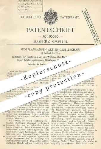 original Patent - Wolframlampen AG , Augsburg , 1905 , elektrische Glühlampe aus Wolfram o. Molybdän | Lampe , Lampen !
