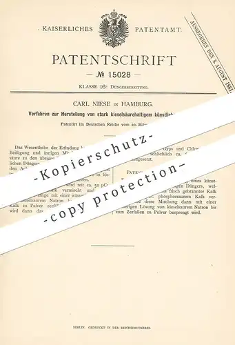 original Patent - Carl Niese , Hamburg , 1881 , kieselsäurehaltiger künstlicher Dünger | Düngen | Kalk | Landwirt