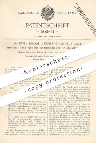 original Patent - Dr. Eugen Schaale , Stuttgart / Feuerbach , 1890 , Herst. harter, harzartiger Körper | Harz , Fett