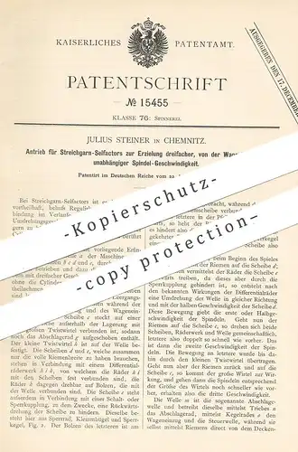original Patent - Julius Steiner , Chemnitz , 1880 , Antrieb für Streichgarn - Selfactor | Spinnen , Spinnerei !!!