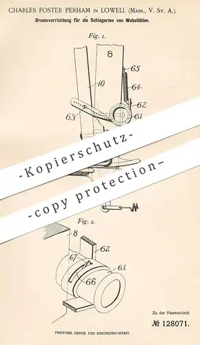 original Patent - Charles Foster Perham , Lowell , Massachusetts , USA , 1900 , Bremse für die Schlagarme am Webstuhl !!