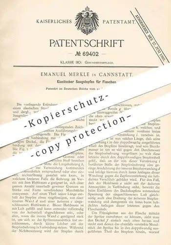 original Patent - Emanuel Merkle , Canstatt / Stuttgart , 1891 , Elastischer Saugstopfen für Flaschen | Flasche | Korken