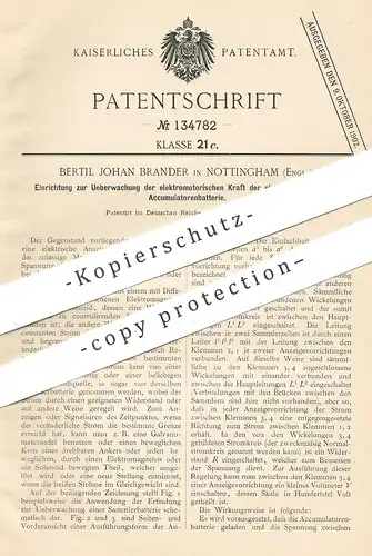 original Patent - Bertil Johan Brander , Nottingham  England , 1901 , elektromotorische Kraft von Akkumulator - Batterie