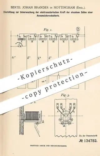 original Patent - Bertil Johan Brander , Nottingham  England , 1901 , elektromotorische Kraft von Akkumulator - Batterie