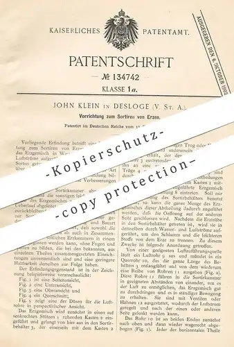 original Patent - John Klein , Desloge , USA , 1901 , Sortieren von Erz | Erze | Mineralien , Erzkammer , Bergwerk !!!