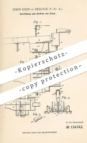 original Patent - John Klein , Desloge , USA , 1901 , Sortieren von Erz | Erze | Mineralien , Erzkammer , Bergwerk !!!