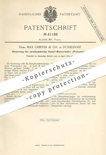 original Patent - Max Greeven & Co. Düsseldorf , 1887 , Steuerung für Dampf - Wasserheber | Pulsometer | Pumpe , Pumpen