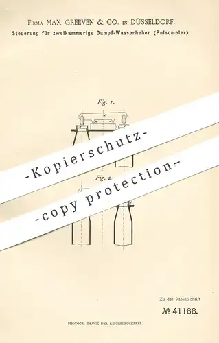 original Patent - Max Greeven & Co. Düsseldorf , 1887 , Steuerung für Dampf - Wasserheber | Pulsometer | Pumpe , Pumpen